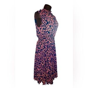 NWT NANETTE LEPORE Navy Coral Pink Abstract Floral Pleated Fit Flare Dress 12